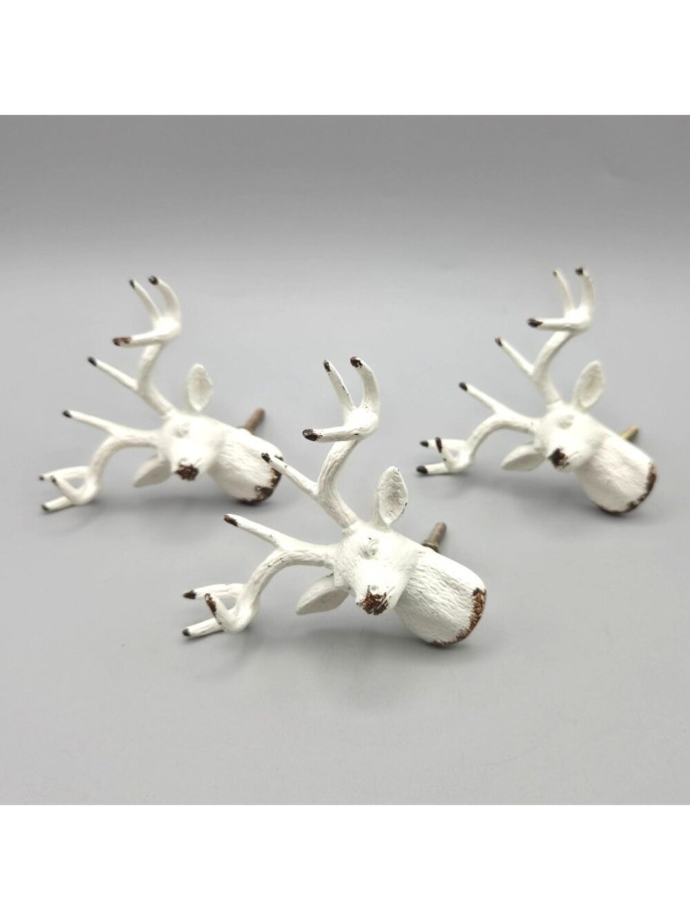 White Cast Iron Deer Head Drawer Pulls Antlers Rustic Cabin Knobs Set of 3